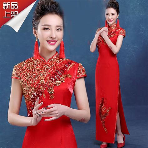 new red chinese wedding dress female long short sleeve cheongsam slim chinese traditional dress
