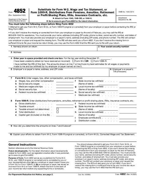 Irs Form 4852 For 2020 Fill Online Printable Fillable Blank Form Free