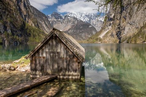 Boathouse At Lake Obersee In Berchtesgaden National Park Stock Image