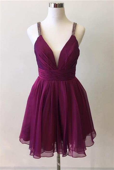 Cute V Neck Purple Chiffon Short Prom Dresses Homecoming Dresses V Ne