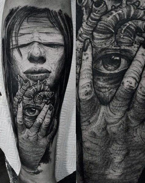 Two Pictures Of People With Tattoos On Their Arms One Has An Eye And