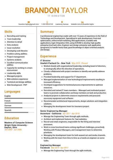 Nov 27, 2020 · for example, the chronological cv, which is the most common of them all, is used to emphasise an applicant's employment history. IT Director Resume Example | CV Sample 2020 - ResumeKraft