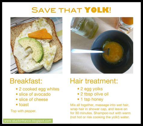 Egg white is a very good conditioner and can be massaged on the head after shampoo and then washed off. From egg white breakfast to egg yolk hair conditioner ...