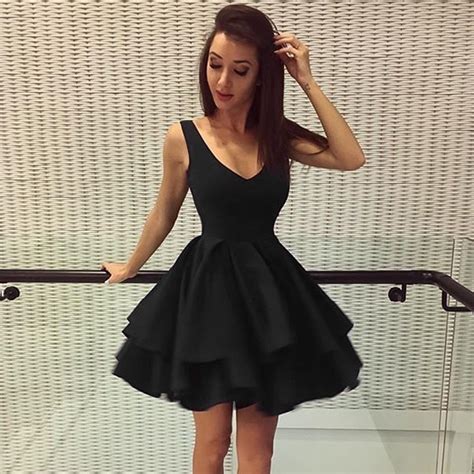 Cute Black A Line V Neck Short Prom Dressblack Homecoming Dress