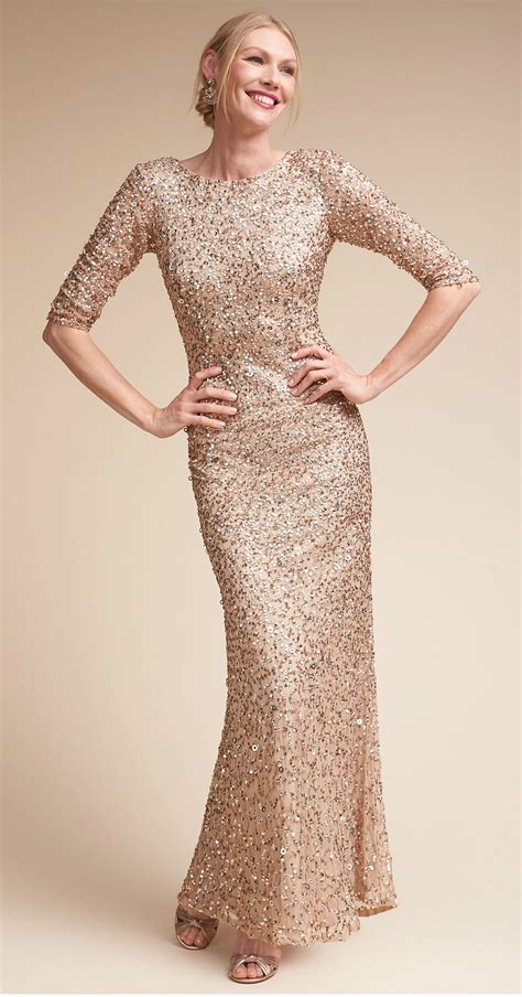 A Beautiful Gold Beaded Mother Of The Bride Dress With Sleeves Bhldn Mother Of The Bride Gowns