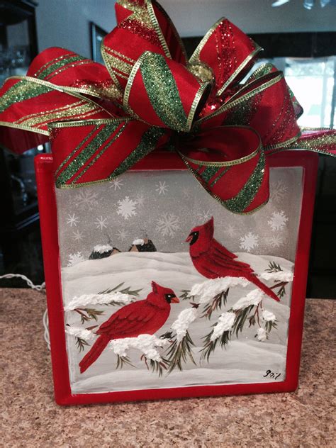 Cardinals In The Snow Glass Block Crafts Christmas Glass Blocks