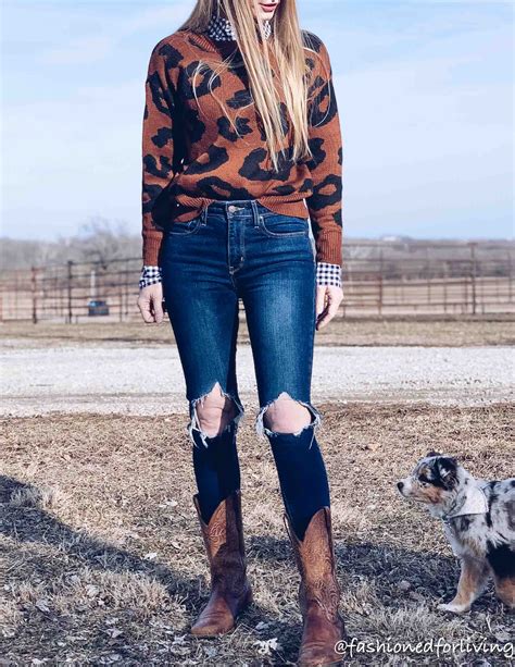 Fashioned For Living Skinny Jeans And Cowgirl Boots Outfit With Leopard Top