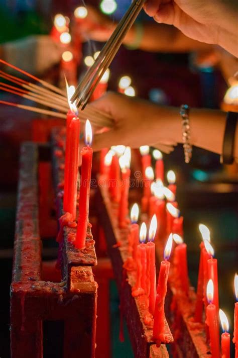 Burning Red Chinese Candle In Temple Stock Photo Image Of