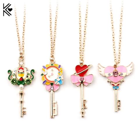 Pink Heart Key Shape Sailor Moon Necklace Anime Jewelry For Women Girl