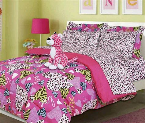 Hot Pink Zebra Hearts Girls Bedding Twin Comforter Set With Cheetah