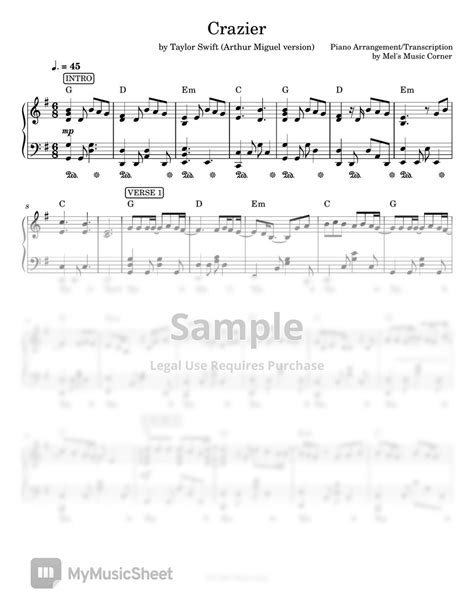 Taylor Swift Crazier Piano Sheet Music Sheets By Mels Music Corner