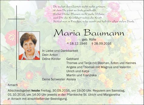 Traueranzeigen Von Maria Baumann Schwaebische De Trauerportal