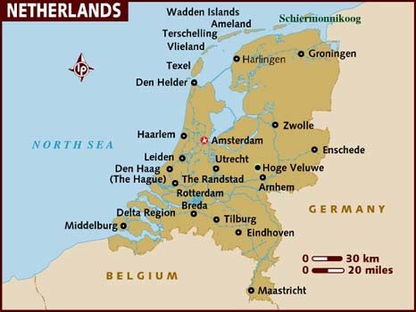This map shows a combination of political and physical features. Map of Netherlands