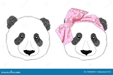Hand Drawn Illustration Of The Head Of A Panda Girl With A Bow In The