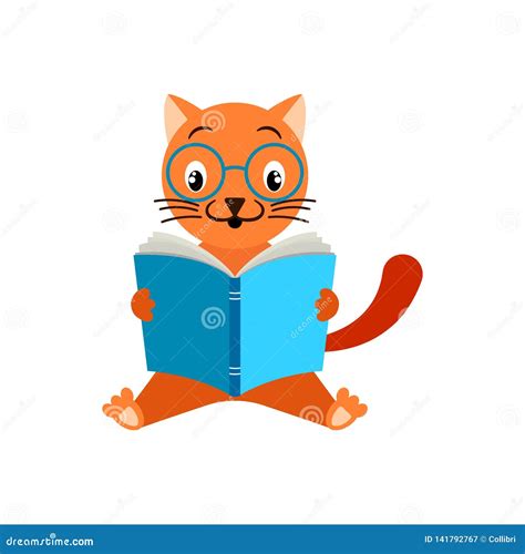 Cartoon Cat In Glasses Reading Book Stock Vector Illustration Of