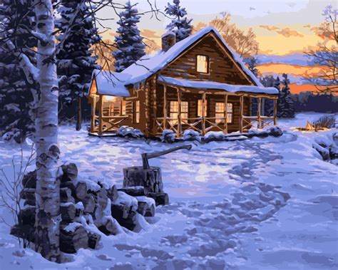 Mahuaf I108 Winter Snow House Landscape Canvas Painting