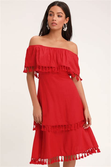 Fun Red Dress Off The Shoulder Dress Tasseled Dress Midi Lulus