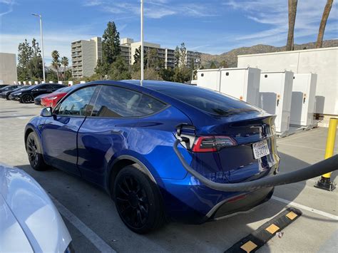 Up Close Photos Of Blue Model Y Spotted At Supercharger In California