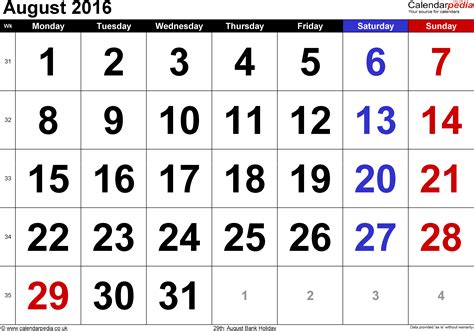 Calendar August 2016 Uk Bank Holidays Excelpdfword Templates