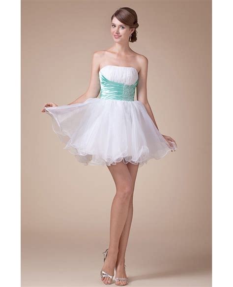 A Line Strapless Short Tulle Prom Dress With Beading Op