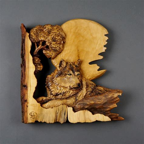 Wolf Carved On Wood Carving Wood With Bark In Relief T