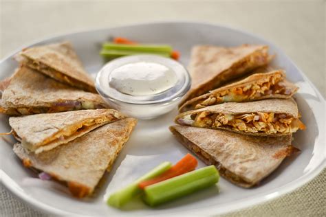 Garnish quesadillas and ranch dressing with blue cheese crumbles. Buffalo Chicken Quesadillas | Gold'n Plump | Chicken ...