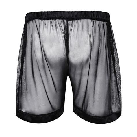 Mens See Through Sheer Mesh Loose Lounge Boxer Briefs Shorts Underwear