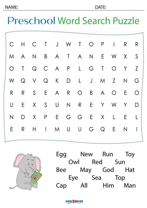 Printable Preschool Word Search Cool2bkids