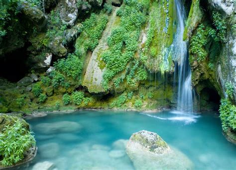 Turquoise Waterfall From Urederra River Stock Image Image Of Rock