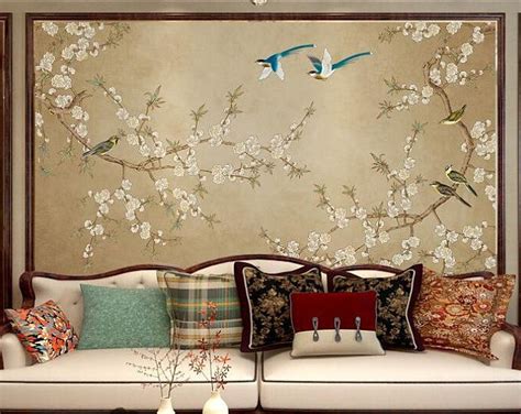 Handpainted Artwork Brushwork Hanging Plum Blossom Wallpaper Green