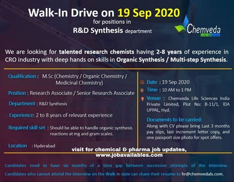 Chemveda Life Sciences Interview For Randd Synthesis On 19th September 2020