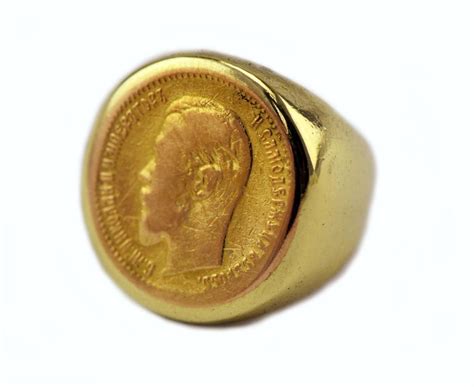 18 Karat Gold Mens Gold Coin Ring With 1903 Russian 5 Roubles Tsar