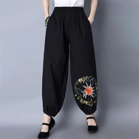 Female 2017 Spring And Summer New Embroidery Flowers Wide Leg Pants In Pants And Capris From Women