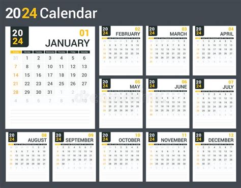 Calendário 2024 Com Início às Semanas De Domingo Ilustração Do Vetor Ilustração De Mensal
