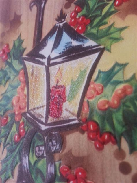 Vintage 1950s Unused Glittered Christmas Card With Lantern And Holly