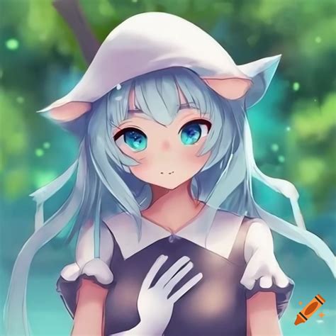 Cute Anime Catgirl In Nature With Blue Skin And White Hair