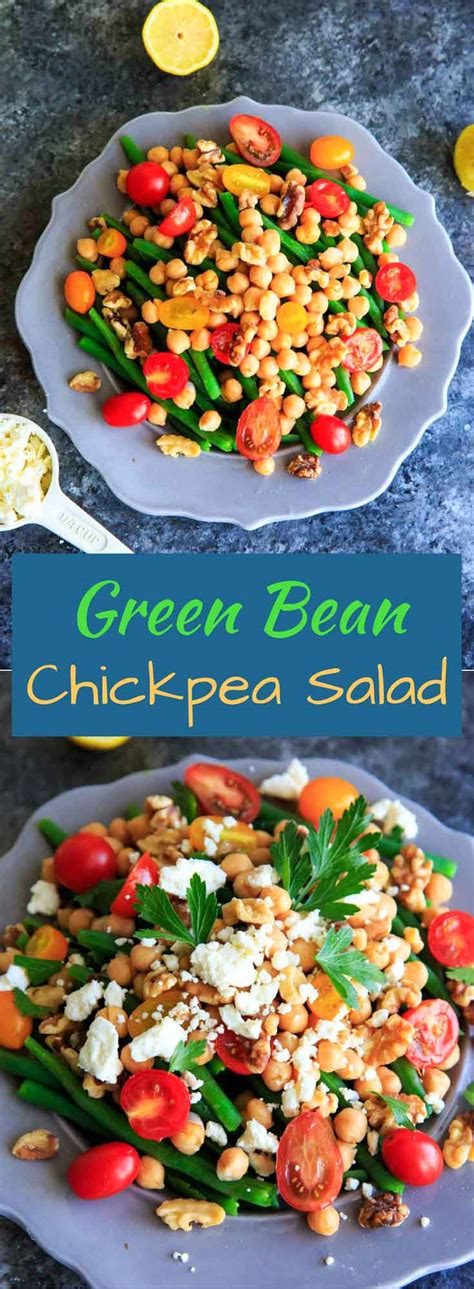 Green Bean Chickpea Salad With Tomato Walnuts And Feta Cheese