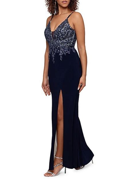 Xscape V Neck Bead Bodice Side Slit Gown Thebay