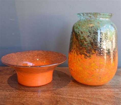 Orange Monart Vase And Signed Vasart Bowl British 20th Century Glass