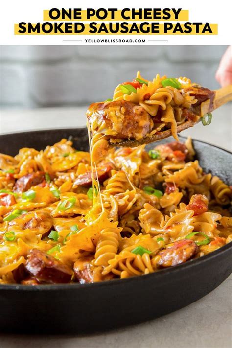 Saute your hillshire farm smoked turkey sausage (or any brand will do) with some onion and garlic, then add a can of rotel diced tomatoes, pasta, cream, chicken broth and seasons. One Pan Cheesy Smoked Sausage Pasta Recipe ...