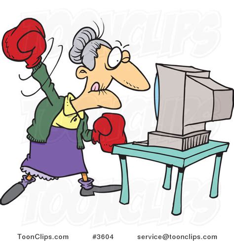Cartoon Mad Granny Beating A Computer With Boxing Gloves By Ron