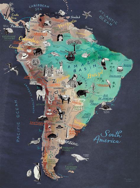 South America Map Size A4 And 30x40cm Art Print Illustrated Etsy