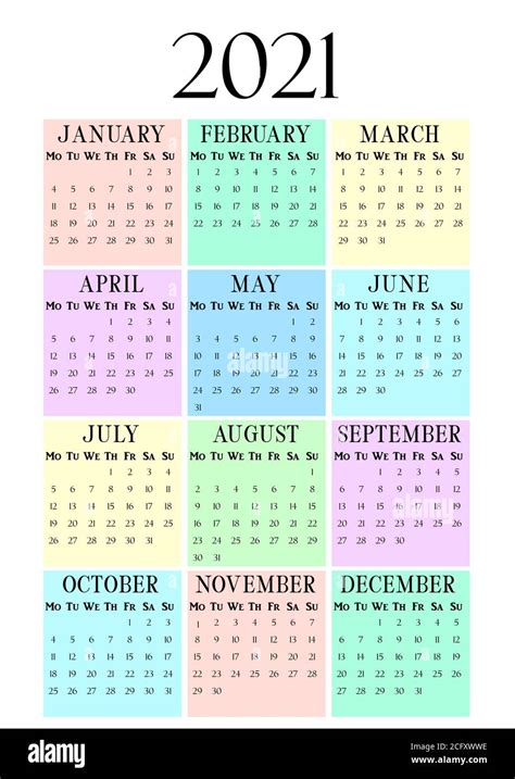 2021 Year Vertical Calendar On A4 Paper Format Pastel Wall Calendar