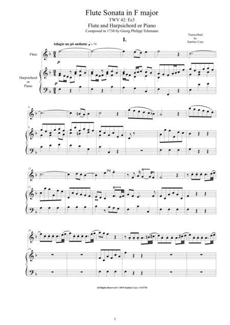 Telemann Flute Sonata In F Major Twv 42 Es3 For Flute And Harpsichord Or Piano Music Sheet