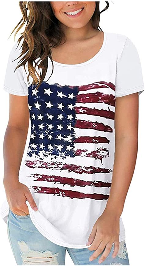 Amazon Com Plus Size Tops Short Sleeve For Women American Flag O Neck Casual T Shirt Printed