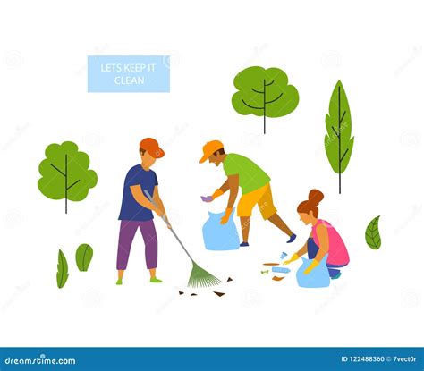 Young People Volunteers Cleaning Up The Park Isolated Vector Graphic