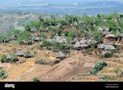 Village With Traditional Primitive Huts In The Ethiopian Highlands