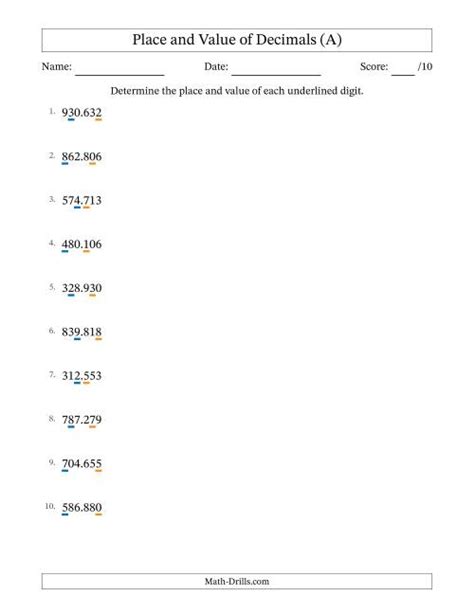 Place Value Whole Numbers And Decimals Worksheets