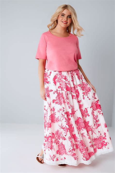 Pink And White Floral Print Tiered Maxi Skirt With Lace Trim Hem Plus