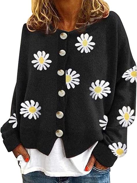 Womens Daisy Floral Knit Cardigans Womens Jumper Long Sleeve Open Front